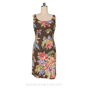 Vtg Talbots Mini Dress 10 Multi Brown Fruit Floral Sheath Butterfly Sleeveless
